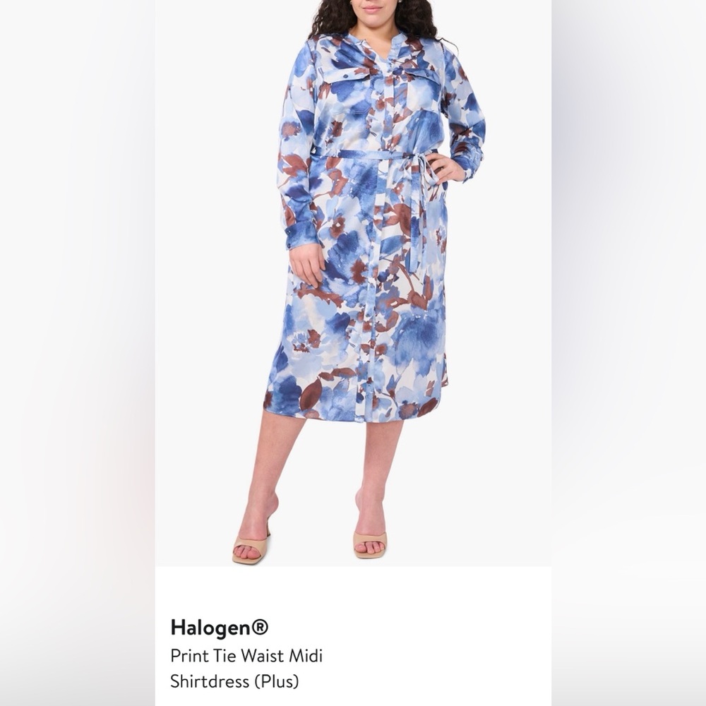 Halogen Blue & Brown Watercolor Print Tie-Waist Midi Dress